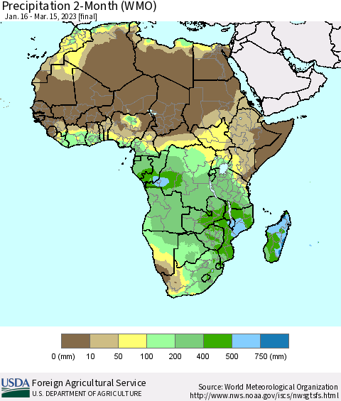 Africa Precipitation 2-Month (WMO) Thematic Map For 1/16/2023 - 3/15/2023