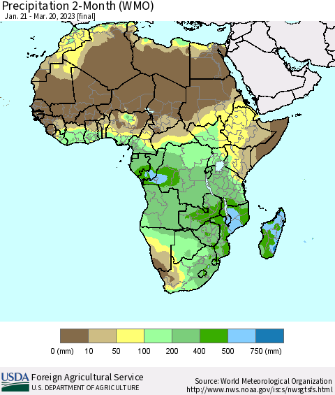 Africa Precipitation 2-Month (WMO) Thematic Map For 1/21/2023 - 3/20/2023