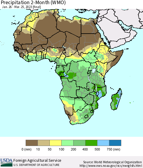 Africa Precipitation 2-Month (WMO) Thematic Map For 1/26/2023 - 3/25/2023