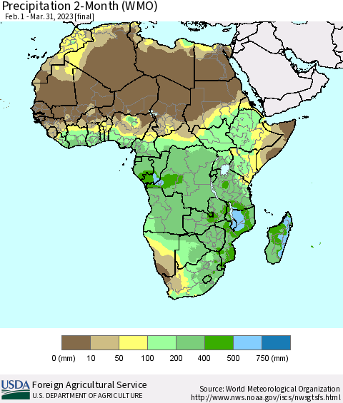Africa Precipitation 2-Month (WMO) Thematic Map For 2/1/2023 - 3/31/2023