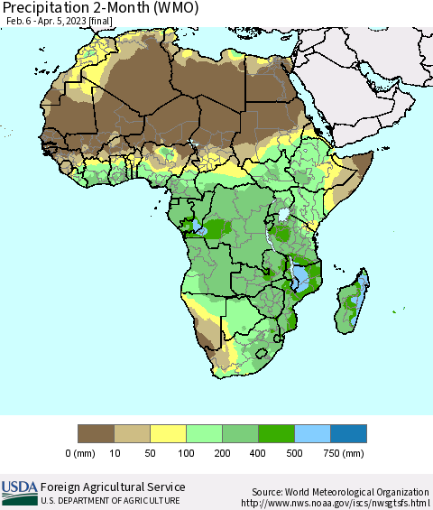 Africa Precipitation 2-Month (WMO) Thematic Map For 2/6/2023 - 4/5/2023