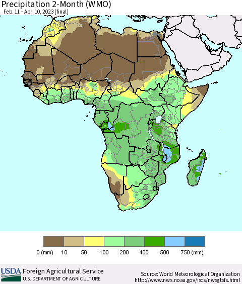 Africa Precipitation 2-Month (WMO) Thematic Map For 2/11/2023 - 4/10/2023