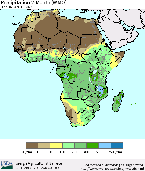 Africa Precipitation 2-Month (WMO) Thematic Map For 2/16/2023 - 4/15/2023
