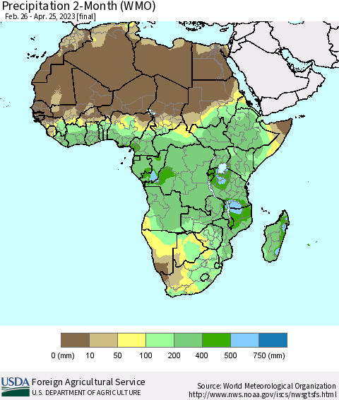 Africa Precipitation 2-Month (WMO) Thematic Map For 2/26/2023 - 4/25/2023