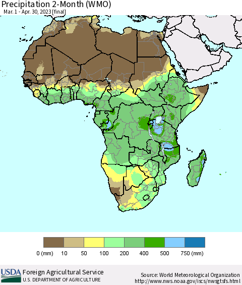 Africa Precipitation 2-Month (WMO) Thematic Map For 3/1/2023 - 4/30/2023