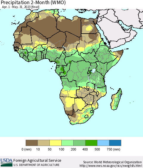 Africa Precipitation 2-Month (WMO) Thematic Map For 4/1/2023 - 5/31/2023