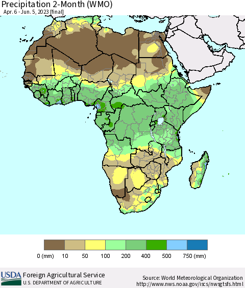 Africa Precipitation 2-Month (WMO) Thematic Map For 4/6/2023 - 6/5/2023