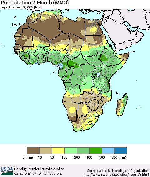Africa Precipitation 2-Month (WMO) Thematic Map For 4/11/2023 - 6/10/2023