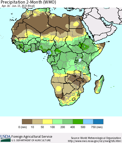 Africa Precipitation 2-Month (WMO) Thematic Map For 4/16/2023 - 6/15/2023