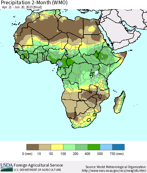 Africa Precipitation 2-Month (WMO) Thematic Map For 4/21/2023 - 6/20/2023