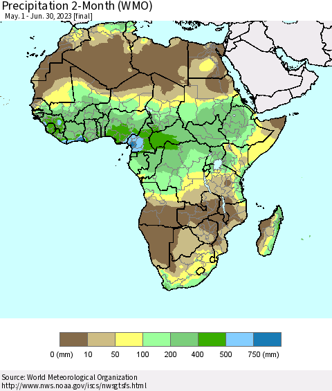 Africa Precipitation 2-Month (WMO) Thematic Map For 5/1/2023 - 6/30/2023