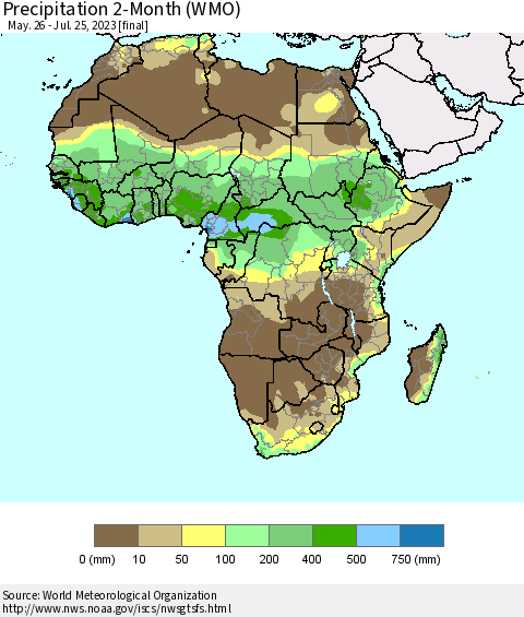 Africa Precipitation 2-Month (WMO) Thematic Map For 5/26/2023 - 7/25/2023