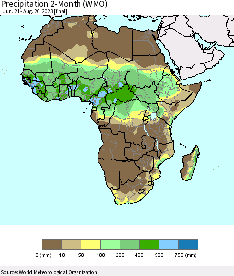 Africa Precipitation 2-Month (WMO) Thematic Map For 6/21/2023 - 8/20/2023