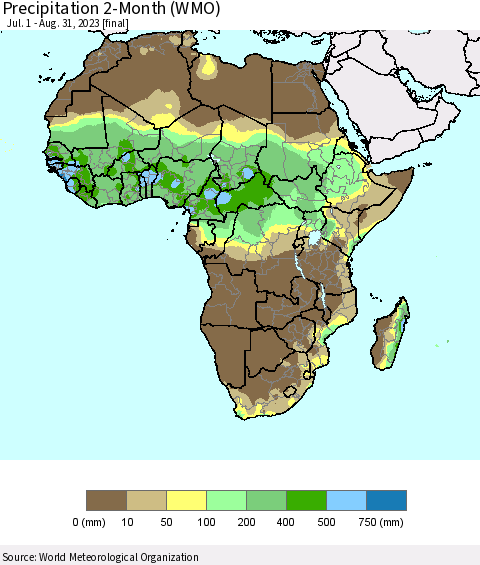 Africa Precipitation 2-Month (WMO) Thematic Map For 7/1/2023 - 8/31/2023