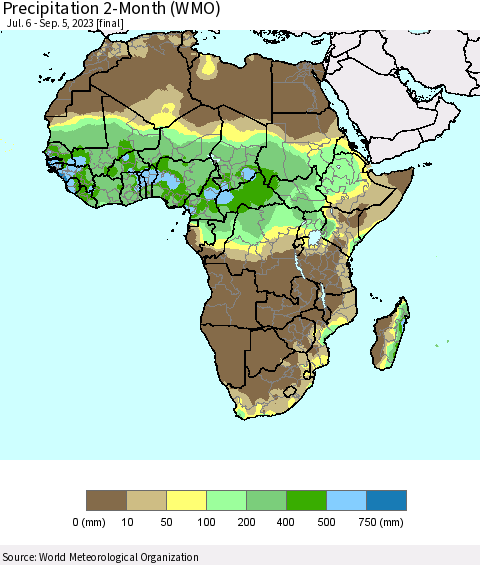 Africa Precipitation 2-Month (WMO) Thematic Map For 7/6/2023 - 9/5/2023