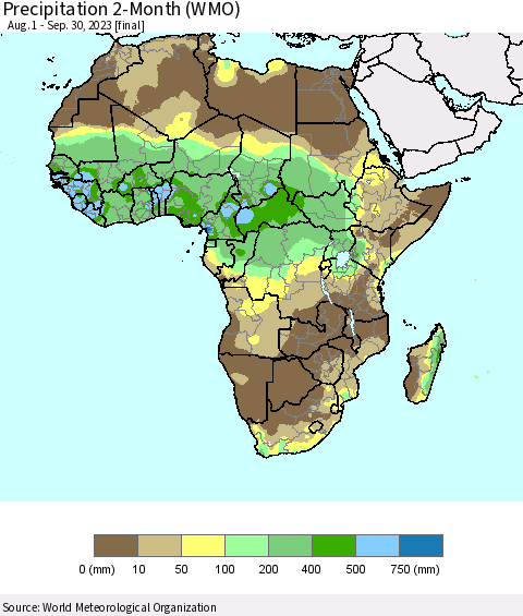 Africa Precipitation 2-Month (WMO) Thematic Map For 8/1/2023 - 9/30/2023