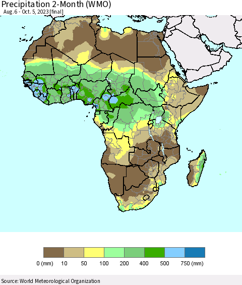 Africa Precipitation 2-Month (WMO) Thematic Map For 8/6/2023 - 10/5/2023