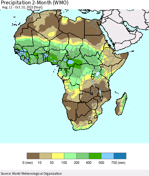 Africa Precipitation 2-Month (WMO) Thematic Map For 8/11/2023 - 10/10/2023