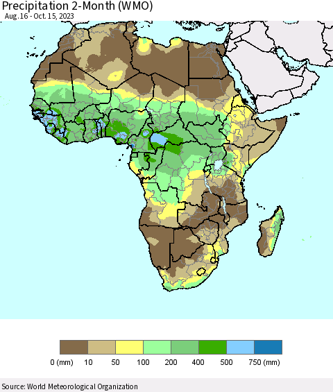 Africa Precipitation 2-Month (WMO) Thematic Map For 8/16/2023 - 10/15/2023