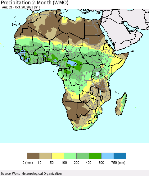 Africa Precipitation 2-Month (WMO) Thematic Map For 8/21/2023 - 10/20/2023
