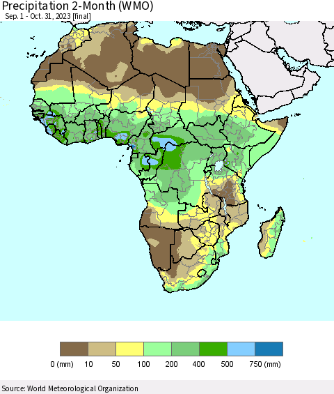 Africa Precipitation 2-Month (WMO) Thematic Map For 9/1/2023 - 10/31/2023