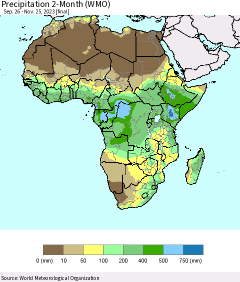Africa Precipitation 2-Month (WMO) Thematic Map For 9/26/2023 - 11/25/2023