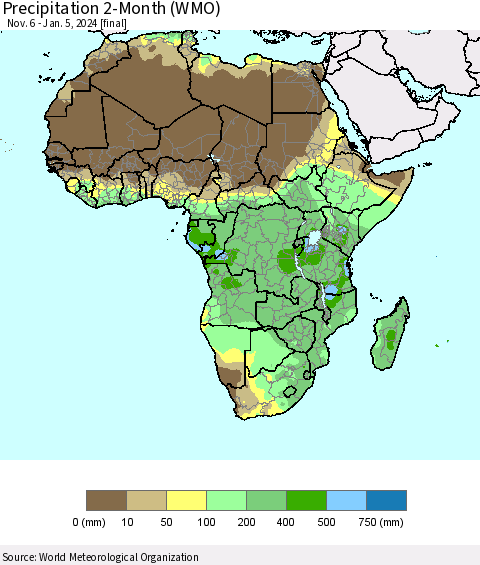 Africa Precipitation 2-Month (WMO) Thematic Map For 11/6/2023 - 1/5/2024