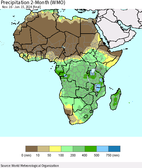 Africa Precipitation 2-Month (WMO) Thematic Map For 11/16/2023 - 1/15/2024