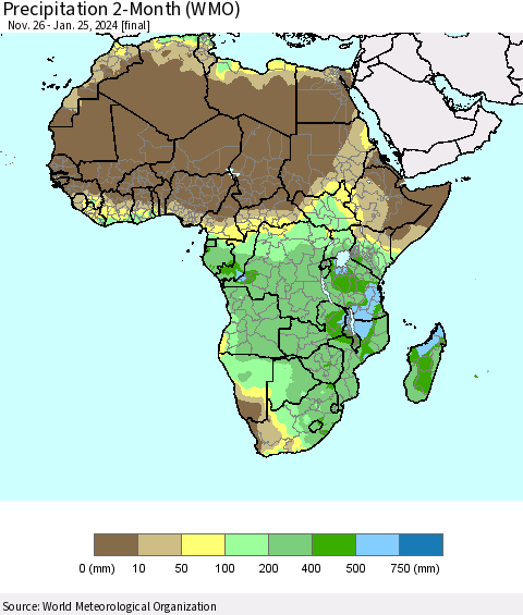 Africa Precipitation 2-Month (WMO) Thematic Map For 11/26/2023 - 1/25/2024