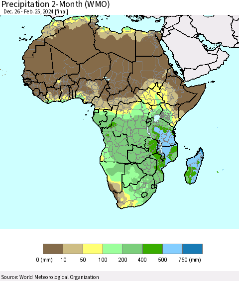 Africa Precipitation 2-Month (WMO) Thematic Map For 12/26/2023 - 2/25/2024