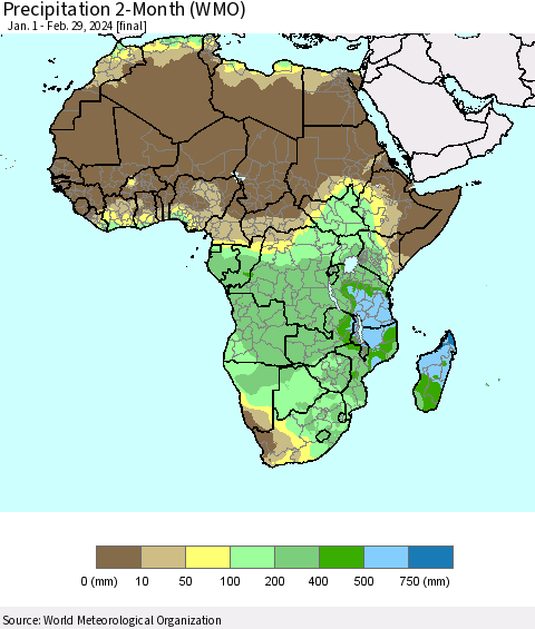 Africa Precipitation 2-Month (WMO) Thematic Map For 1/1/2024 - 2/29/2024