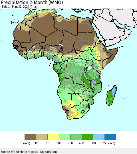 Africa Precipitation 2-Month (WMO) Thematic Map For 2/1/2024 - 3/31/2024