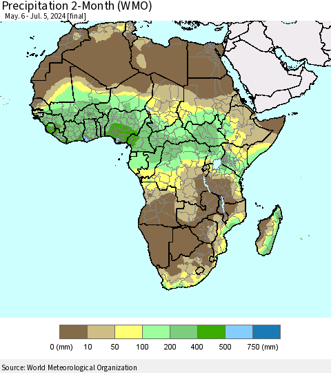Africa Precipitation 2-Month (WMO) Thematic Map For 5/6/2024 - 7/5/2024