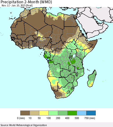 Africa Precipitation 2-Month (WMO) Thematic Map For 11/11/2024 - 1/10/2025