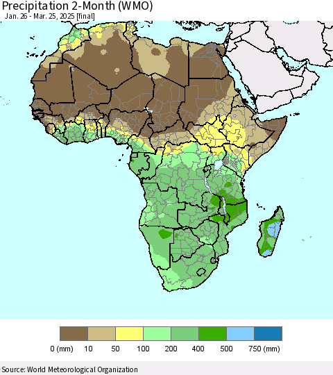 Africa Precipitation 2-Month (WMO) Thematic Map For 1/26/2025 - 3/25/2025