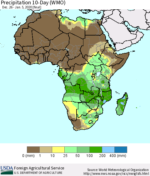 Africa Precipitation 10-Day (WMO) Thematic Map For 12/26/2019 - 1/5/2020