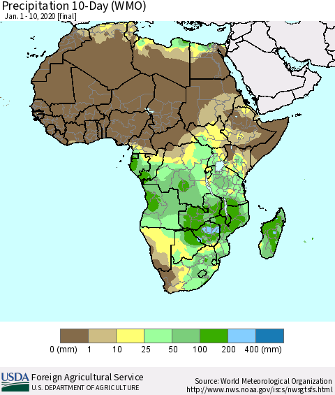 Africa Precipitation 10-Day (WMO) Thematic Map For 1/1/2020 - 1/10/2020