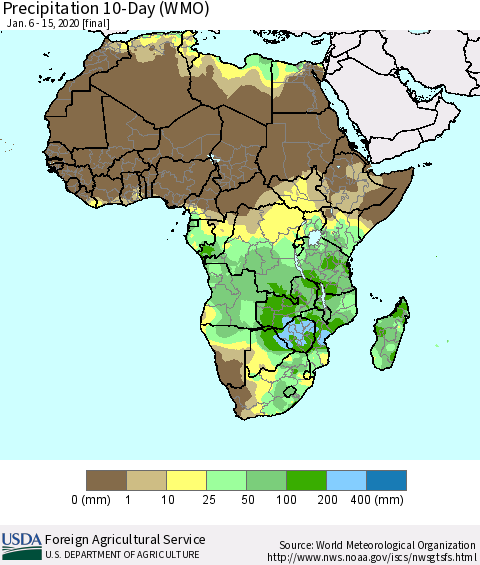 Africa Precipitation 10-Day (WMO) Thematic Map For 1/6/2020 - 1/15/2020
