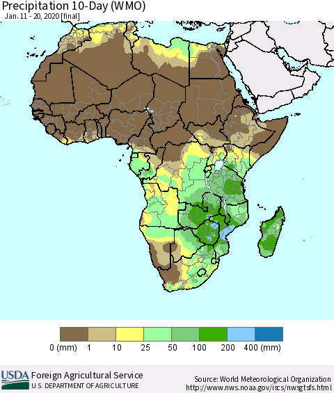 Africa Precipitation 10-Day (WMO) Thematic Map For 1/11/2020 - 1/20/2020
