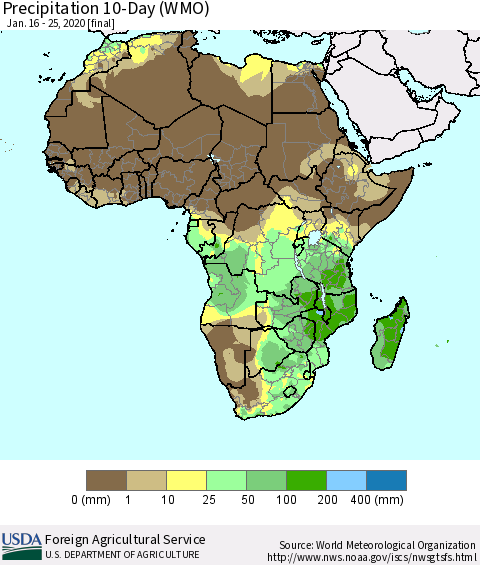 Africa Precipitation 10-Day (WMO) Thematic Map For 1/16/2020 - 1/25/2020