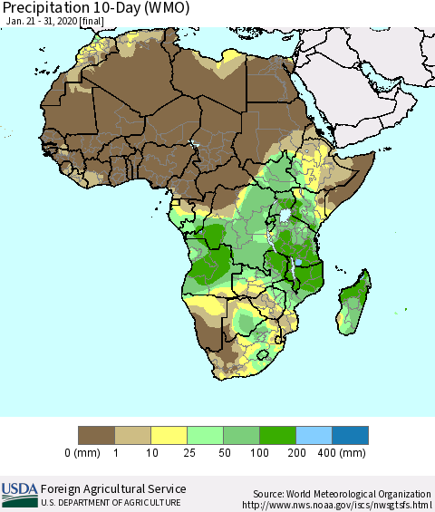 Africa Precipitation 10-Day (WMO) Thematic Map For 1/21/2020 - 1/31/2020
