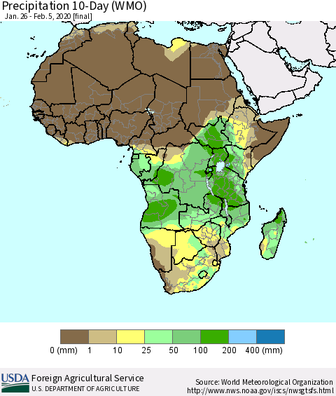 Africa Precipitation 10-Day (WMO) Thematic Map For 1/26/2020 - 2/5/2020