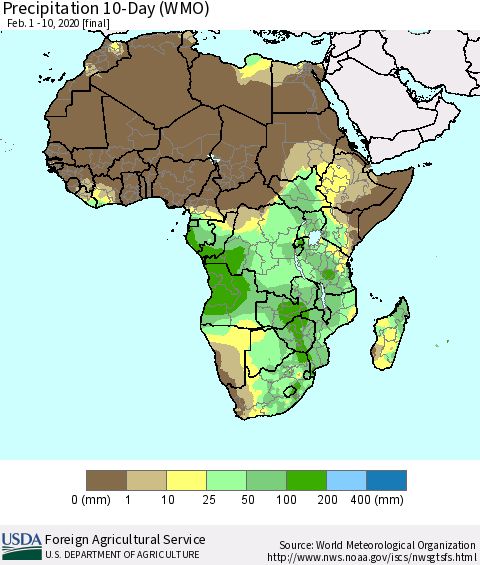 Africa Precipitation 10-Day (WMO) Thematic Map For 2/1/2020 - 2/10/2020
