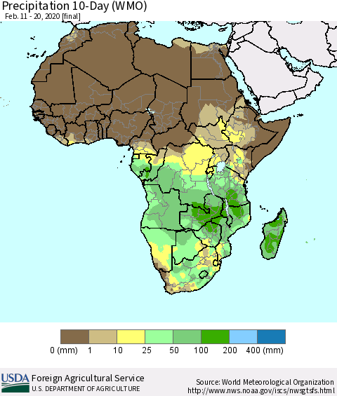 Africa Precipitation 10-Day (WMO) Thematic Map For 2/11/2020 - 2/20/2020