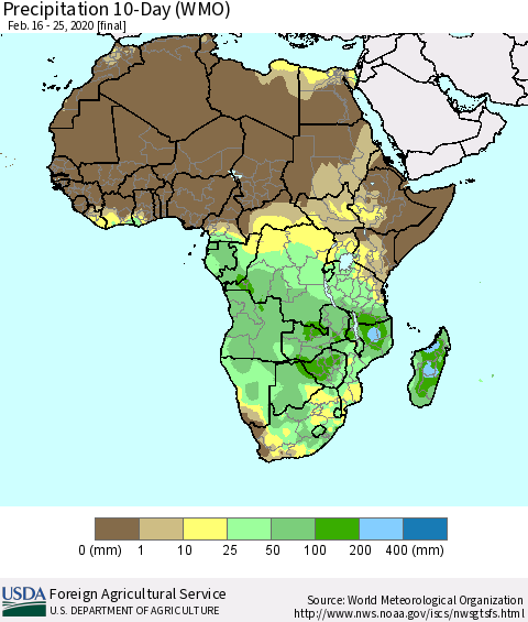 Africa Precipitation 10-Day (WMO) Thematic Map For 2/16/2020 - 2/25/2020