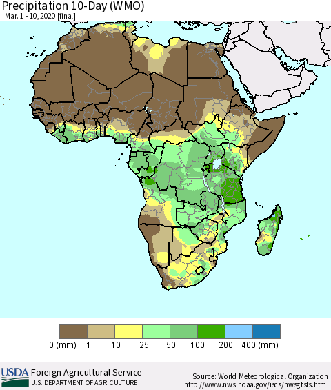 Africa Precipitation 10-Day (WMO) Thematic Map For 3/1/2020 - 3/10/2020