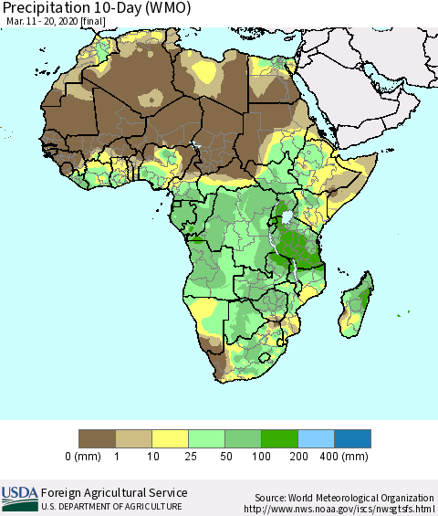 Africa Precipitation 10-Day (WMO) Thematic Map For 3/11/2020 - 3/20/2020