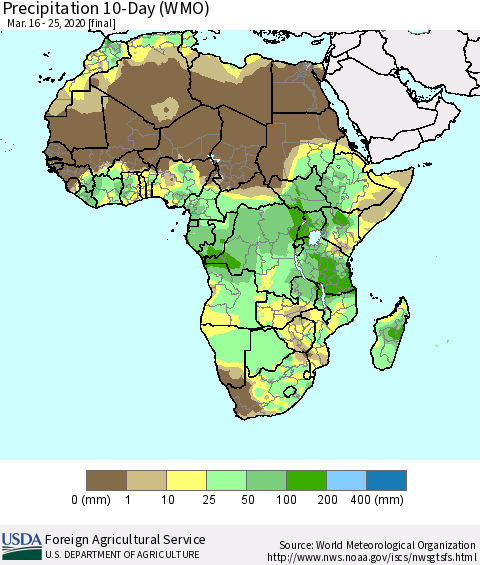Africa Precipitation 10-Day (WMO) Thematic Map For 3/16/2020 - 3/25/2020