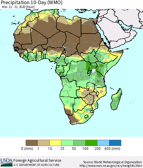 Africa Precipitation 10-Day (WMO) Thematic Map For 3/21/2020 - 3/31/2020