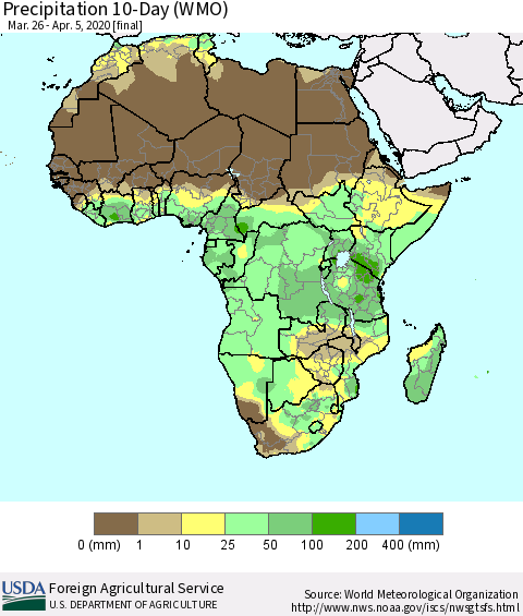 Africa Precipitation 10-Day (WMO) Thematic Map For 3/26/2020 - 4/5/2020